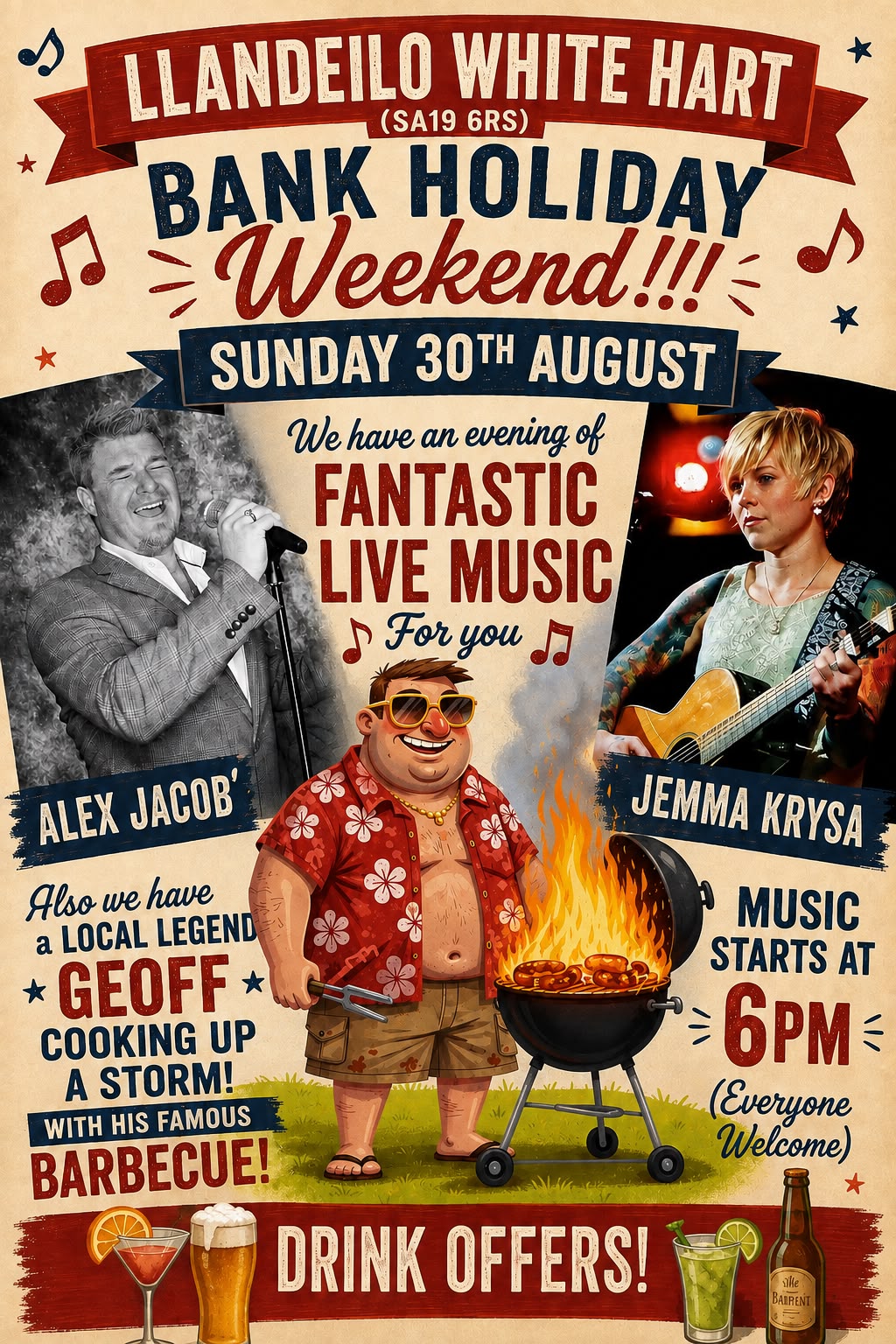 Bank Holiday Weekend live music poster at Llandeilo White Hart